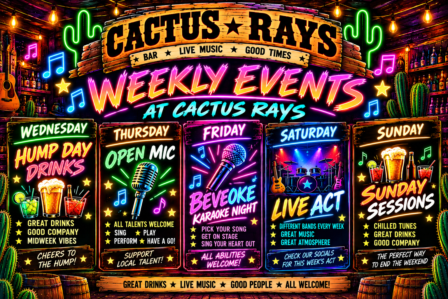 Cactus Rays weekly events: Wednesday Hump Day Drinks, Thursday Open Mic, Friday Beveoke Karaoke, Saturday Live Act, and Sunday Sessions.