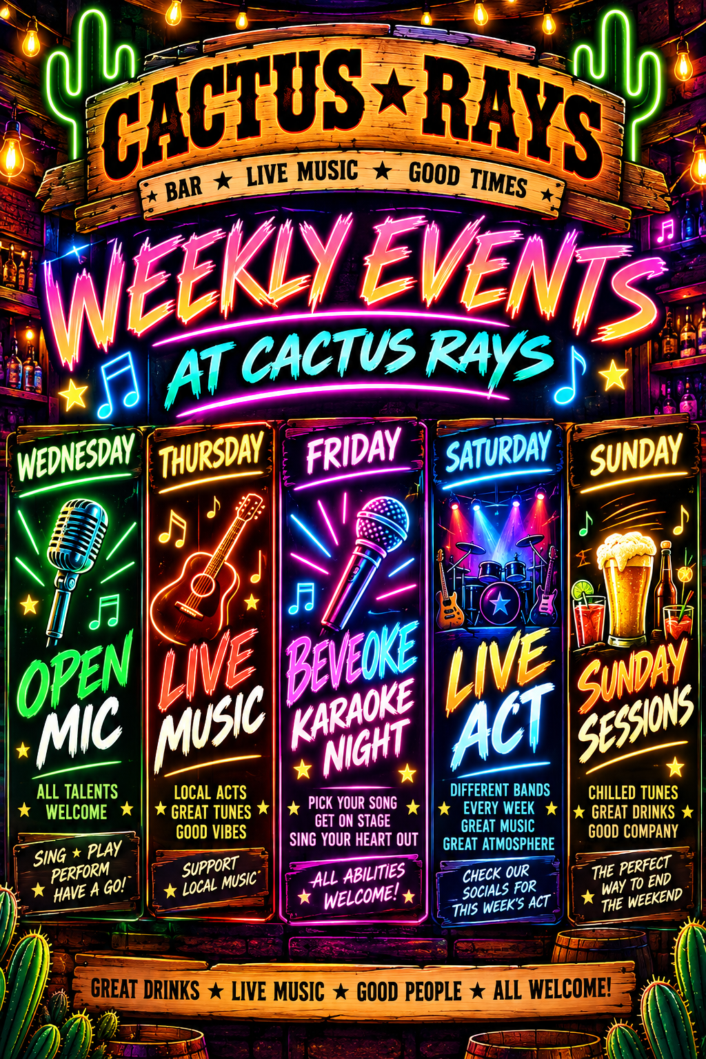 Cactus Rays weekly events: Wednesday open mic, Thursday live music, Friday Beveoke karaoke night, Saturday live act, and Sunday sessions.